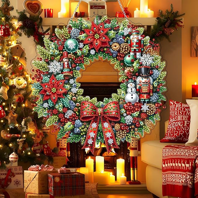 JJFox Diamond Art Hanging Kit for Adult,Special Shaped Rhinestone,Double Sided DIY Acrylic Diamond Art Painting Window Pendants Home Garden Wall Hanging Kits Hanging Ornament (Christmas Wreath)