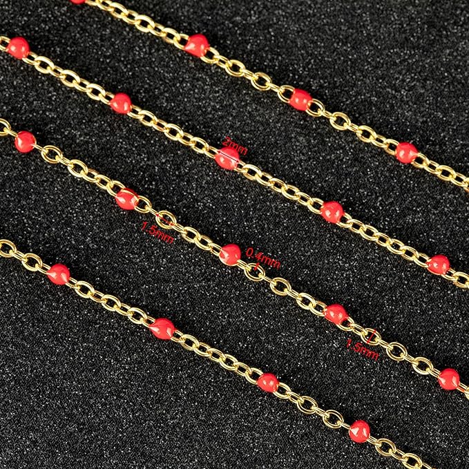 UMAOKANG 10 Meters Gold Plated Chains for Jewelry Making Red Enamel Bead Stainless Steel Chain for Women Necklace DIY Craft