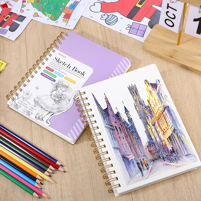 Sketch Book with 12 Color Pencil Set, 90 Sheets Spiral Sketchbook for Drawing (68lb/100gsm), Acid-Free Sketch Pad for Artist, Art Paper Drawing Supplies for Gifts(Purple)