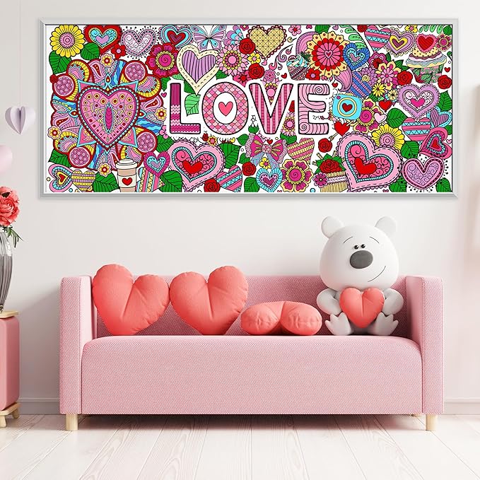dvbonike jumbo love mandala coloring poster - valentine’s day heart flower diy drawing color-in paper blank art banner 55.1 x 23.6 inch wall decor, home classroom activity for kids party supplies