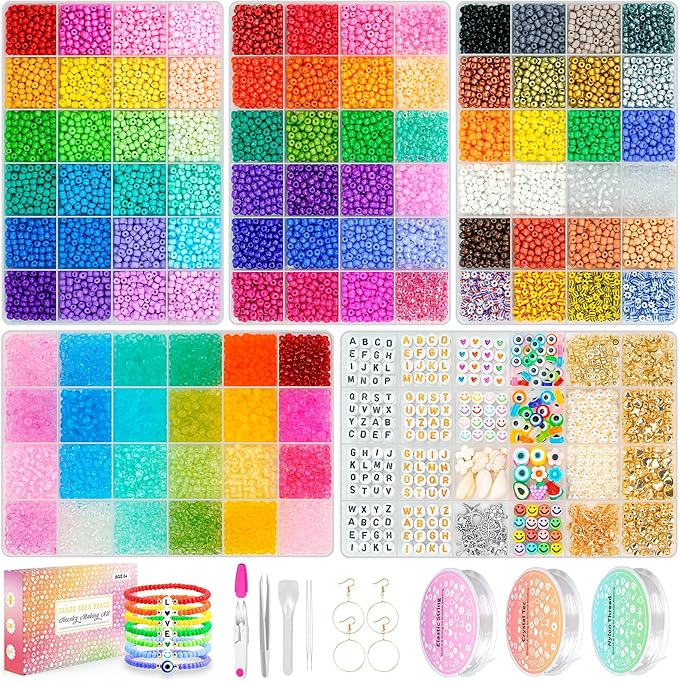4mm Glass Seed Beads Friendship Bracelet Kit, 15500pcs 96 Colors 6/0 Small Beads for Bracelet Making Kit with String Cords Letter Charms Waist Beads for DIY Jewelry Making Crafts Kits
