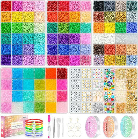 4mm Glass Seed Beads Friendship Bracelet Kit, 15500pcs 96 Colors 6/0 Small Beads for Bracelet Making Kit with String Cords Letter Charms Waist Beads for DIY Jewelry Making Crafts Kits