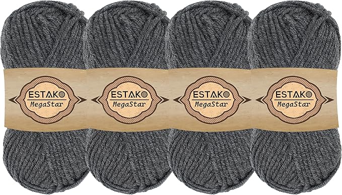 Estako Megastar, (4 Skeins Pack) 75% Acrylic 25% Wool Yarn, Soft, Chunky Bulky Weight #5 for Crochet and Knitting (4 x 3.52 Oz) / (4 x 120 Yrds) (69027 - Grey)
