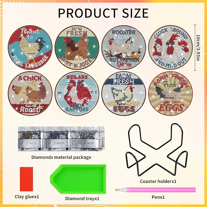Funny Chicken Diamond Art Coasters, Rooster Diamond Painting Coaster Kits with Holder and Cork Pads, Farmhouse DIY Making Kit for Adults Crafts Chicken Gifts for Women Party Supplies