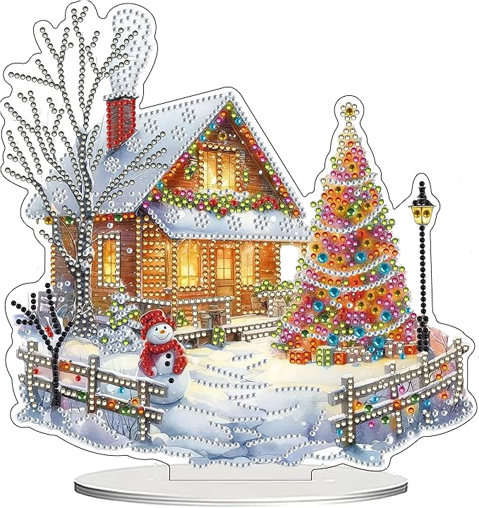 JJFox DIY 5D Tabletop Diamond Art Painting Kit， Desktop Ornament Special Shaped Rhinestone Desk Placement Ornament，Home Stand Up Gem Painting Craft Kit，Gift (Christmas House-2)
