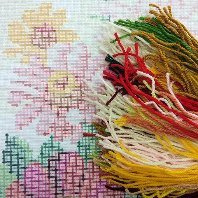 Brvsk Floral Stamped Cross-Stitch Kit for Adults and Beginners — Zinnias 16″ × 16″ with Clear, Precise Printed Design on Cotton Canvas; Includes 2 Needles, Yarn, and Easy-Read Chart