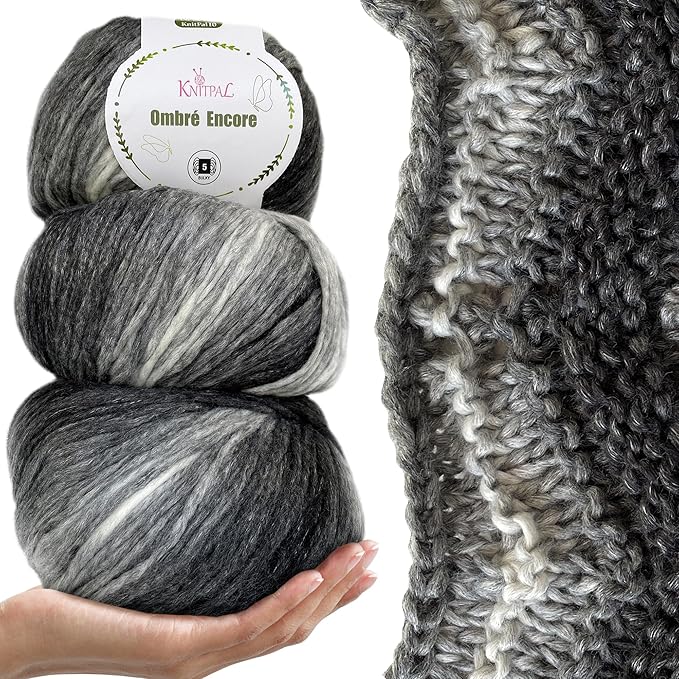 Ombré-Encore Chunky Ombre Yarn for Crocheting, 3 Balls, 507Yds/420G, Free Patterns - Multi Colored Bulky 5 Weight Yarn for Knitting - Black Snowstorm