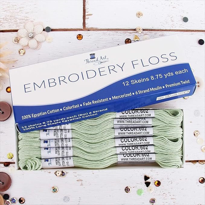12 Skeins ThreadArt Premium Egyptian Long Fiber Cotton Embroidery Floss | Light Green | 6 Strand Divisible Thread 8.75yds Each for Hand Embroidery, Friendship Bracelets, Cross Stitch and Crafts