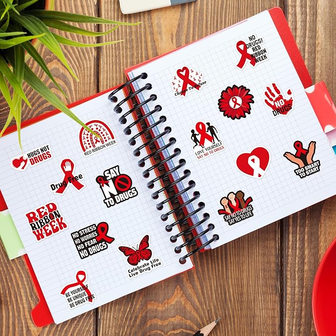 beyumi red ribbon roll stickers - 1000pcs red ribbon week awareness stickers in 2 rolls waterproof vinyl drug free say no to drugs decals school events anti-drugs campaigns laptop bottle luggage decor