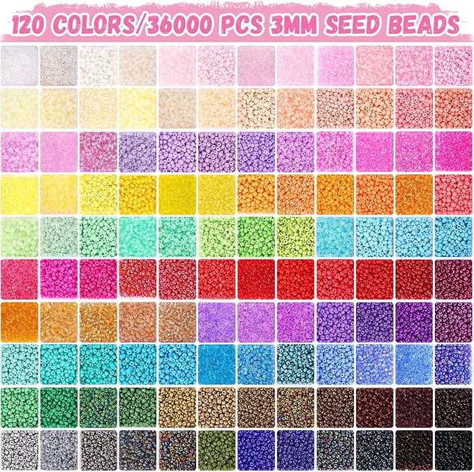 Funtopia 3mm 37000pcs+ Seed Beads for Jewelry Making, 120 Colors Small Glass Beads for Bracelets, Friendship Bracelet Kit with Alphabet Letter Beads Smile Face Beads for DIY, Art and Craft