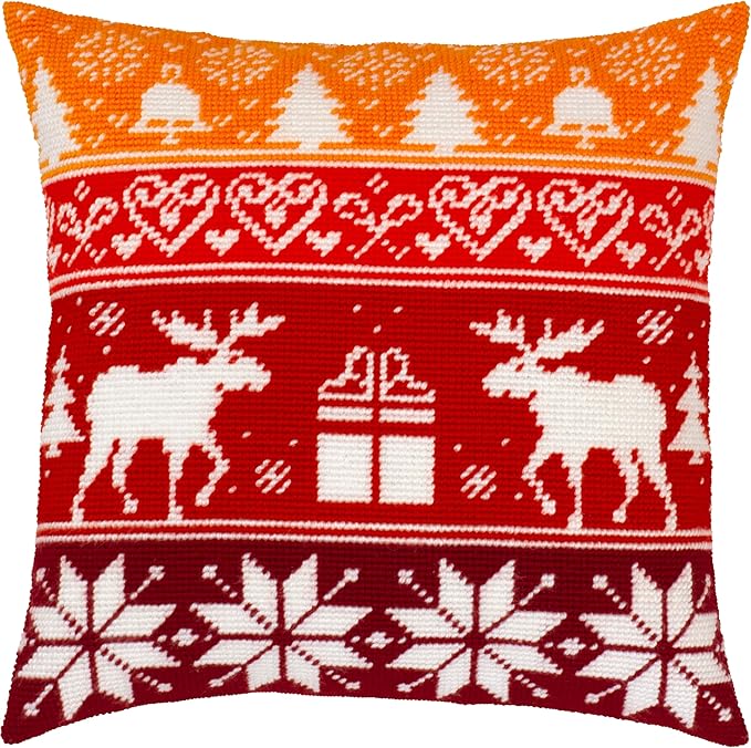 Brvsk Festive Embroidery Kit for Adults and Beginners — Scandinavian Christmas 16″ × 16″ with Clear, Precise Printed Design on Cotton Canvas; Includes 2 Needles, Yarn, and Easy-Read Chart