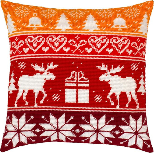 Brvsk Festive Embroidery Kit for Adults and Beginners — Scandinavian Christmas 16″ × 16″ with Clear, Precise Printed Design on Cotton Canvas; Includes 2 Needles, Yarn, and Easy-Read Chart