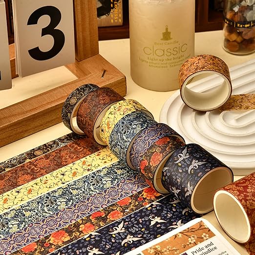 12 Rolls Chinoiserie Washi Tape Set Chinese Arts Adhesive Tapes Geometric Garden Decorative Masking Tape Sets for Craft, Kids, Scrapbook, DIY, Gift Wrapping (Drifting on Azure Waves)