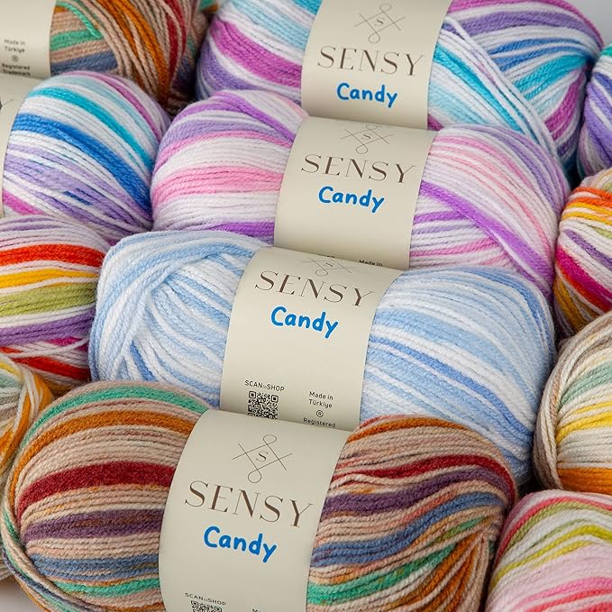 Sensy Candy Yarn - 5 Skeins, 3.5 oz, 251 Yards, Multicolor for Crocheting and Knitting, Light Gauge 3