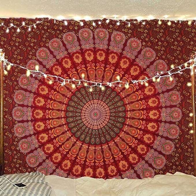 bless international handmade indian hippie bohemian psychedelic peacock mandala wall hanging college dorm beach throws table cloth bedding tapestry (maroon yellow, queen(84x90inches)(215x230cms))