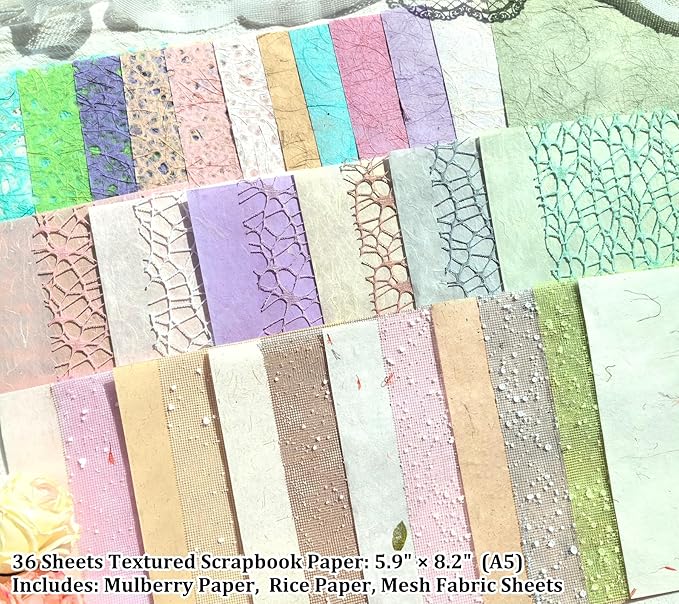 Flartmo Scrapbook Supplies Kit with 246 Sheets Textured & Floral Scrapbook Paper, 50 Pcs Flower Scrapbook Sticker & 3 Rolls Double-Sided Tape for Scrapbooking, Junk Journal, Card Making, Embellishment