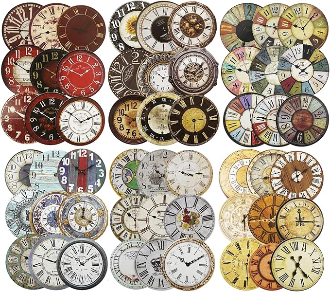 Vintage Time Dial Stickers – 60pcs Retro Clock Pattern Cardstock Stickers with Roman Numerals, Pre-Cut Self-Adhesive for Scrapbook, Junk Journal, Planner and DIY Collage