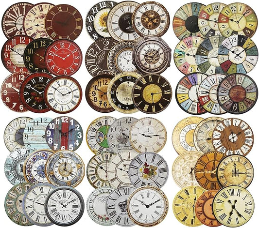 Vintage Time Dial Stickers – 60pcs Retro Clock Pattern Cardstock Stickers with Roman Numerals, Pre-Cut Self-Adhesive for Scrapbook, Junk Journal, Planner and DIY Collage