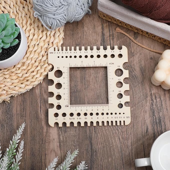 XLIUAX Wooden Rulers, Crochet Stitch Counter Spinner Yarn Measure Needle Gauge Swatch Ruler for Knitting Crochet Gauge Measuring Tool Poplar Square Measuring Tool Multi-Size Holes for Needles(B)