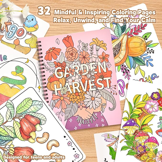 Adult Coloring Book for Women, 2-Pack Fruit and Vegetable Designs, Stress Relief Coloring Books for Adults, 8.5 x 7 Inch Relaxing Art Activity for Mindful Coloring