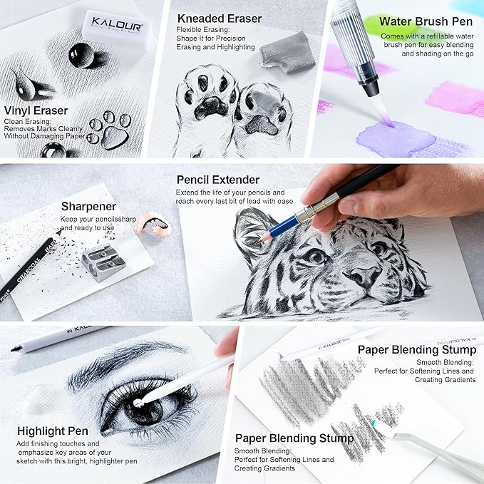 KALOUR 140 Drawing Set Sketching Kit,Art Supplies with 3-color Sketchbook & Coloring Paper,Include Tutorial, Colored, Graphite, Charcoal, Watercolor & Metallic Pencil,for Artists Adults Teens Beginner