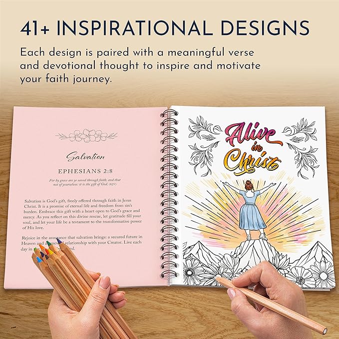 Devotional Coloring Book for Women – 41 Christian Coloring Pages with Bible Verses – Bible Coloring Book for Adults, Spiral Bound, 140gsm Paper, Christian Gifts for Women, Religious Coloring Book