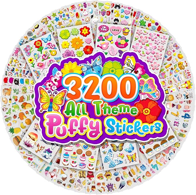 sinceroduct stickers for kids,3d puffy sheets with 3200+ children stickers,64 different themed sheets: animals, sea life, dinosaurs, letters, crafts, rewards, party for teachers parents ideal gifts