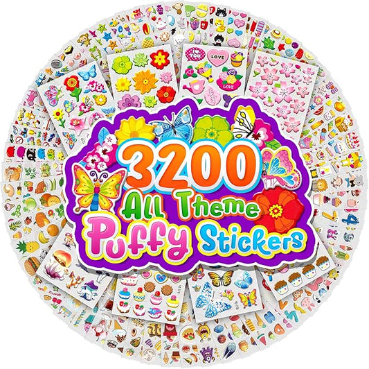 sinceroduct stickers for kids,3d puffy sheets with 3200+ children stickers,64 different themed sheets: animals, sea life, dinosaurs, letters, crafts, rewards, party for teachers parents ideal gifts