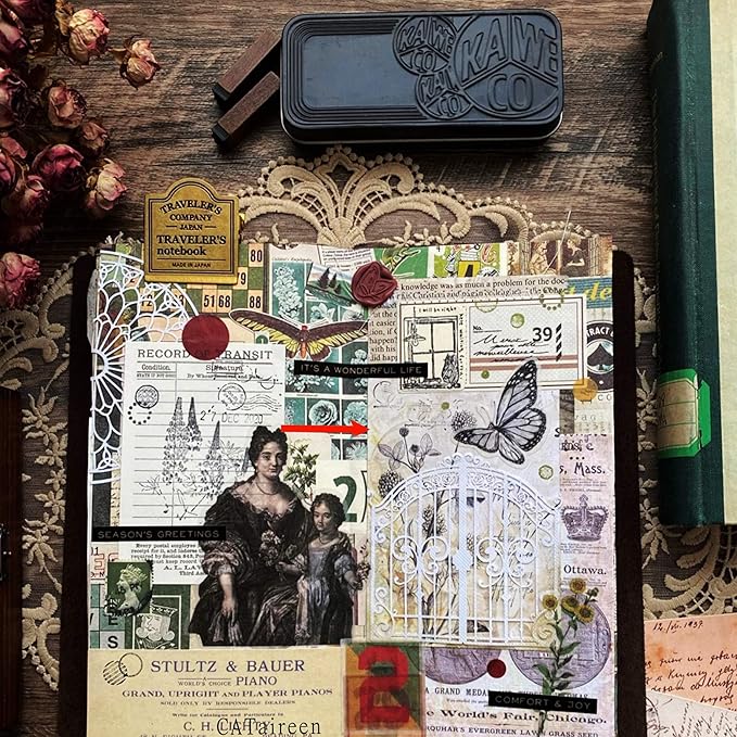 Decoupage Paper for Junk Journal TN Traveler's Notebook by CATaireen Double-Sided Vintage Scrapbook Supplies Linen Paper Bookmark Tag Art Bullet Ephemera Cards Kit 24 Sheets