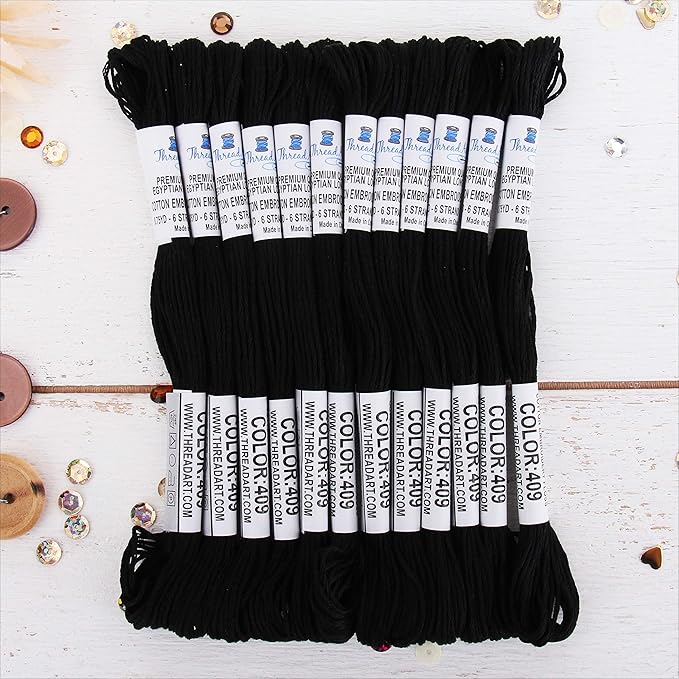12 Skeins ThreadArt Premium Egyptian Long Fiber Cotton Embroidery Floss | Black | 6 Strand Divisible Thread 8.75yds Each for Hand Embroidery, Friendship Bracelets, Cross Stitch and Crafts