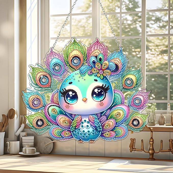 Diamond Art Hanging Kit for Adult,Special Shaped Rhinestone,DIY Acrylic 5D Diamond Art Painting Window Pendants Home Garden Wall Hanging Kits Hanging Ornament (Peacock)