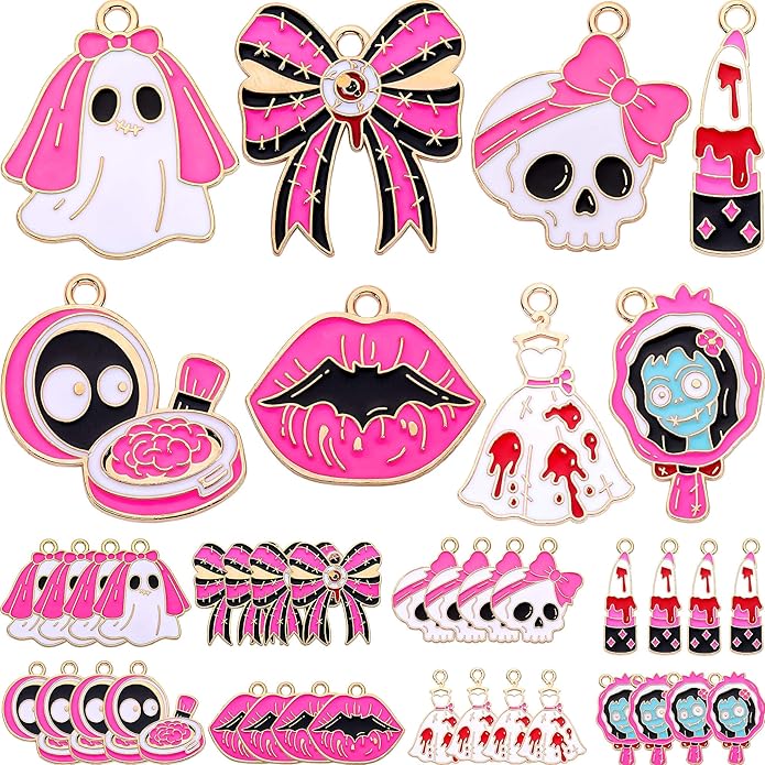 Halloween Enamel Charms, 32 Pcs Metal Set, 8 Pink-Black Pastel Goth Designs for Jewelry Making, Keychains, Phone Straps (Ghost Bride, Skull, Lipstick, Bow, Bat Lips, Compact, Bloody Dress, Zombie Cameo)