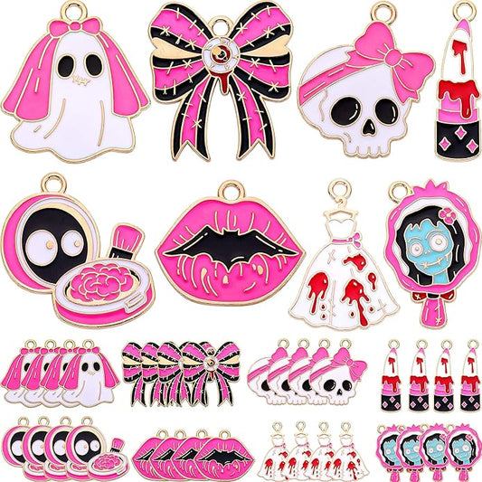 Halloween Enamel Charms, 32 Pcs Metal Set, 8 Pink-Black Pastel Goth Designs for Jewelry Making, Keychains, Phone Straps (Ghost Bride, Skull, Lipstick, Bow, Bat Lips, Compact, Bloody Dress, Zombie Cameo)
