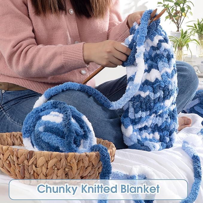 HOMBYS Chunky Tie Dye Mix Chenille Yarn for Hand Knitting, Super Bulky Jumbo Yarn for Crocheting, 3/4" Thick Soft Plush Yarn for Blankets, 8 Skein Pack (26 yds / 7.5 oz Each) Blue, White