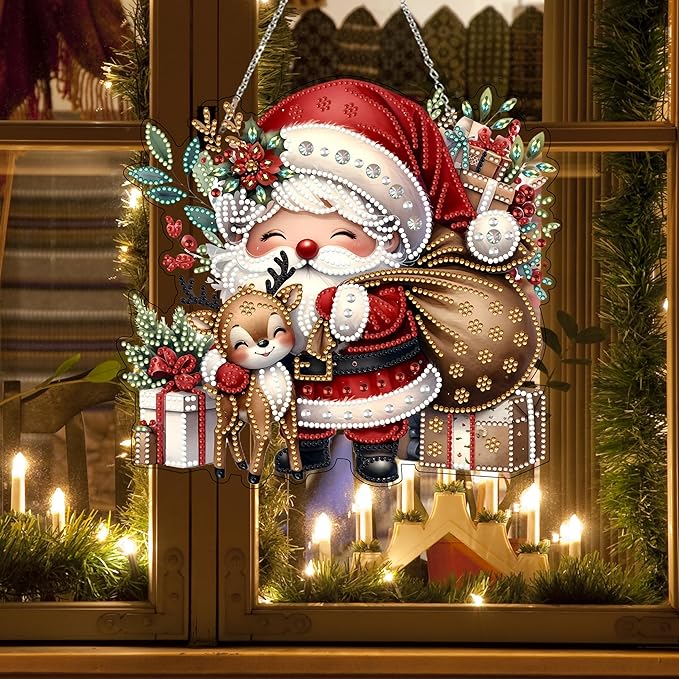 JJFox Diamond Art Hanging Kit for Adult,Special Shaped Rhinestone,DIY Acrylic Diamond Art Painting Window Pendants Home Garden Wall Hanging Kits Hanging Ornament,Double Sided (Father Christmas)