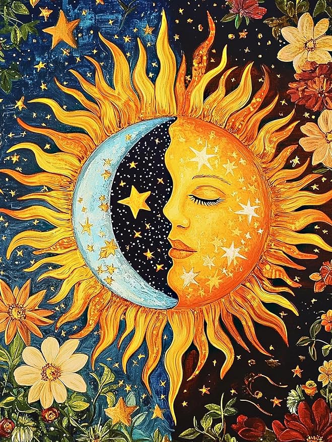 igoodom Diamond Art Kits for Adults, Sun and Moon Diamond Painting Kit, Full Drill Round Diamond Art Kits, DIY Gem Art and Crafts for Home Wall Decor Gift 12x16inch