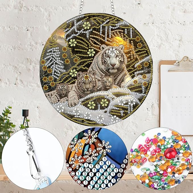Yomiie Tiger Animals Sun Catcher Window Hanging - DIY Double Sided Winter Diamond Painting Pendant Kit, Acrylic Diamonds Art Ornament for Front Door Sign & Indoor/Outdoor Garden Decor(8x8 inch)