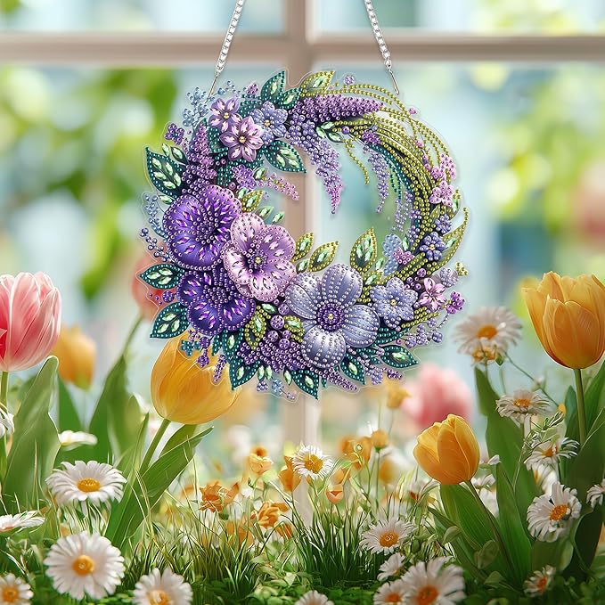 Eiflow Spring Diamond Art Hanging Kit for Adults, DIY Diamonds Painting Door Hanging Board Kit, Special Crystal Diamond Art Painting Pendant Ornament (Flower Wreath)