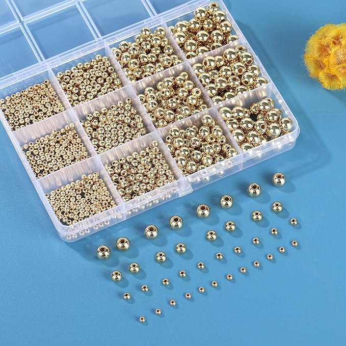 1100 Pcs Smooth Round Beads - 3/4/6/8mm Gold Spacer Loose Ball Bead Kits for Bracelet Jewelry Making