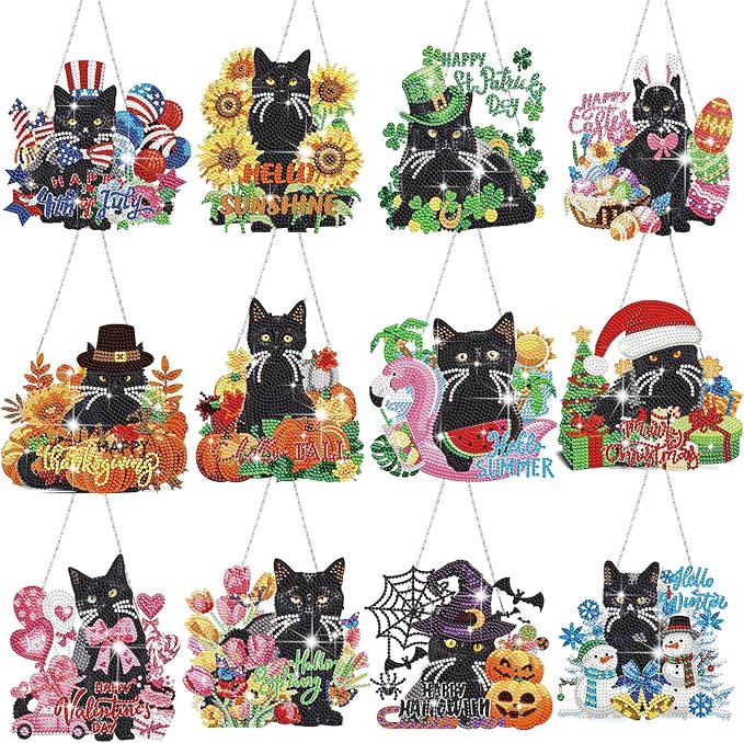 Cinnvoice 12 Pcs Seasonal Diamond Art Wreath Kits Holiday 5d DIY Diamond Art Hanging Signs Winter Spring Ornaments for Wall Door Decoration(Black Cat)