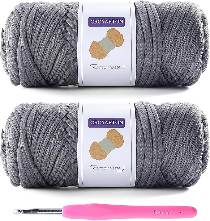 2 Pack T Shirt Yarn for Crocheting with 1 Crochet Hook, Elastic Tshirt Yarn for Crochet Bag/Baskets/Home Decor, Spaghetti Yarn Thick Knitting Yarn Total Length 130 Yds, Weight 14 Oz (Dark Gray)