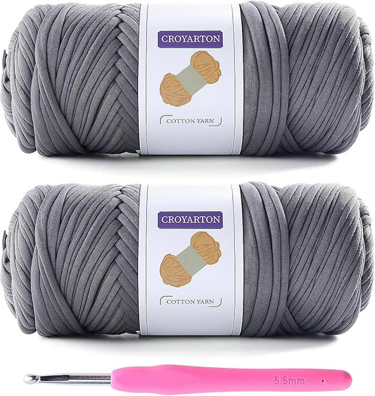2 Pack T Shirt Yarn for Crocheting with 1 Crochet Hook, Elastic Tshirt Yarn for Crochet Bag/Baskets/Home Decor, Spaghetti Yarn Thick Knitting Yarn Total Length 130 Yds, Weight 14 Oz (Dark Gray)