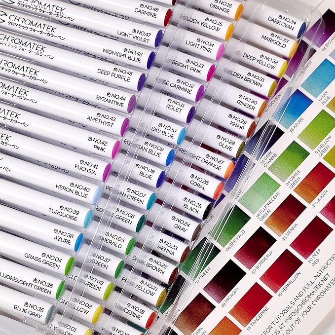 CHROMATEK 54 Watercolor Pens Set | Including 15 Page Pad & Online Video Tutorial Series | 4 Aquapens & 50 Unique Colors | Brush Pens | Easily Blendable, Vivid, Smooth | Professional Art Supplies