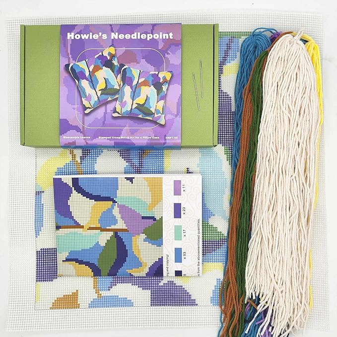 Howie's Needlepoint Needlepoint Kits for Adults, Pillow Front Cross Stitch Kit with Embroidery Pattern on Canvas, Yarn, 2 Needles and Instruction, 16 x 16inch(Blue-Purple Leaves)