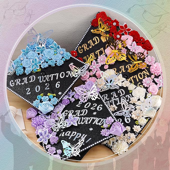 VISSTREE DIY Graduation Cap Decoration, 56 Pcs Cap Decorations for Graduation Kit 2026 DIY Grad Cap Graduation Gift with Blue Paper Flowers 3D Glitter Butterfly Custom Number Letter Stickers Decor