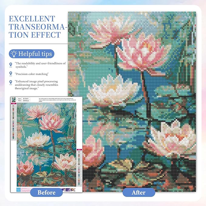 Camocin Diamond Art Kits for Adults Lotus, 5D Flowers Diamond Painting Kits for Adults Beginners, DIY Lotus Flowers Full Round Dots Drill Gem Art Kit for Gift Home Wall Decor 12 x 16 Inch