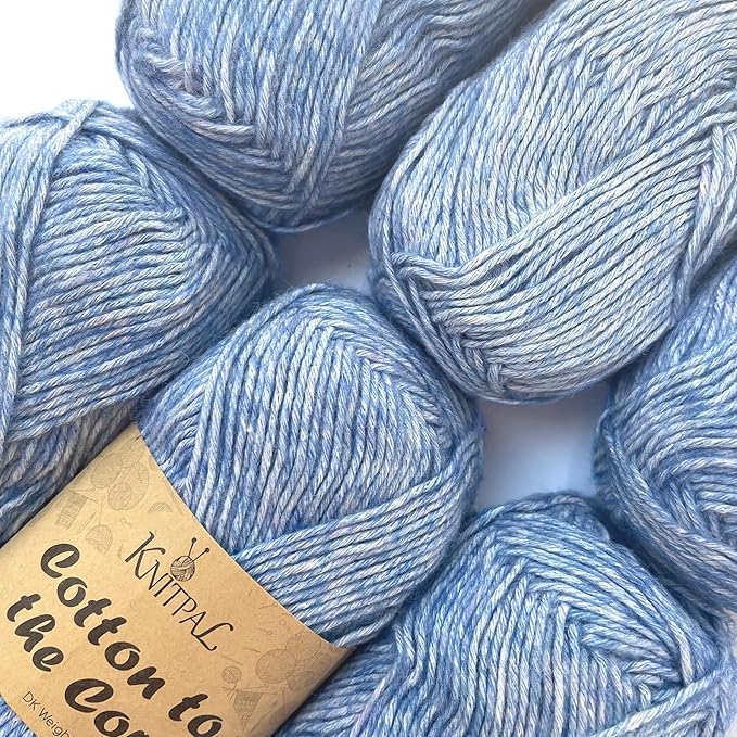 Cotton to The Core Cotton Yarn for Crocheting, 6-Pack (852 Yds / 300G), Free Patterns, Beginners Friendly - Soft Baby Yarn for Knitting - 3 DK Light Worsted Weight - Sky Blue