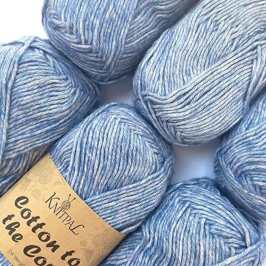 Cotton to The Core Cotton Yarn for Crocheting, 6-Pack (852 Yds / 300G), Free Patterns, Beginners Friendly - Soft Baby Yarn for Knitting - 3 DK Light Worsted Weight - Sky Blue