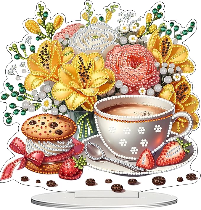 JJFox DIY Tabletop Diamond Art Painting Kit，Double Sided Desktop Ornament Special Shaped Rhinestone Desk Placement Ornament，Home Stand Up Gem Painting Craft Kit，Gift (Coffee and Flowers)