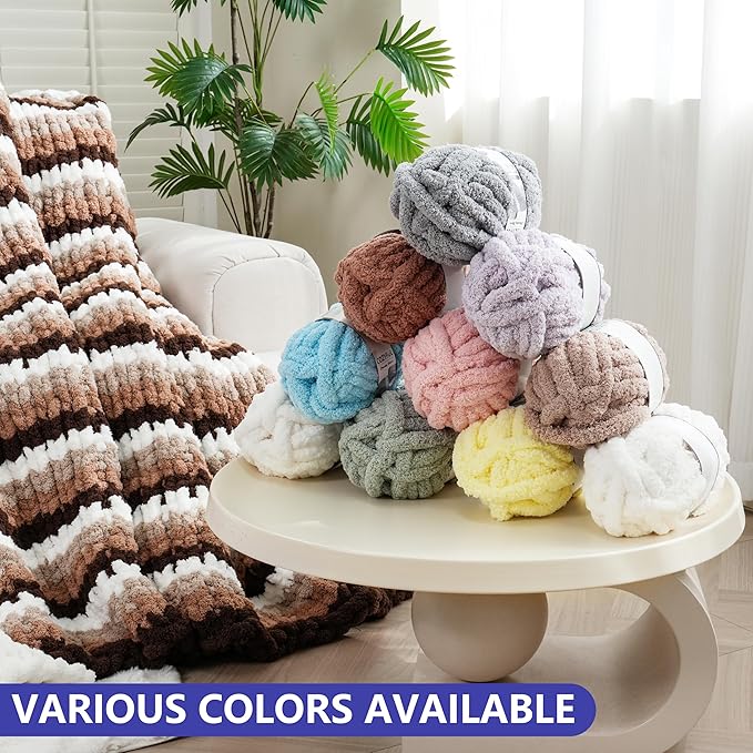 Chunky Yarn for Hand Knitting - #10 Chunky Chenille Yarn, Jumbo Big Thick Chunky Yarns for Crocheting, Super Bulky Chunky Knit Blanket Yarns, 8 Skein (25yd, 8oz/Skein), Khaki & Coffee